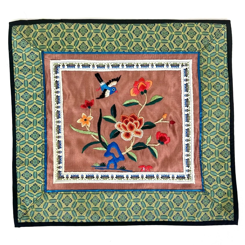 Vintage Chinese Silk Embroidered Floral Bird Panel